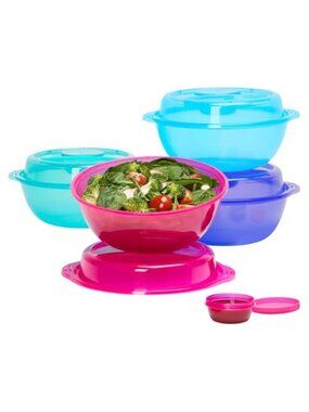 Salad-to-Go Containers - 8-Piece Set: 4 Bowls, Leak-Proof Dressing Cups Built-In